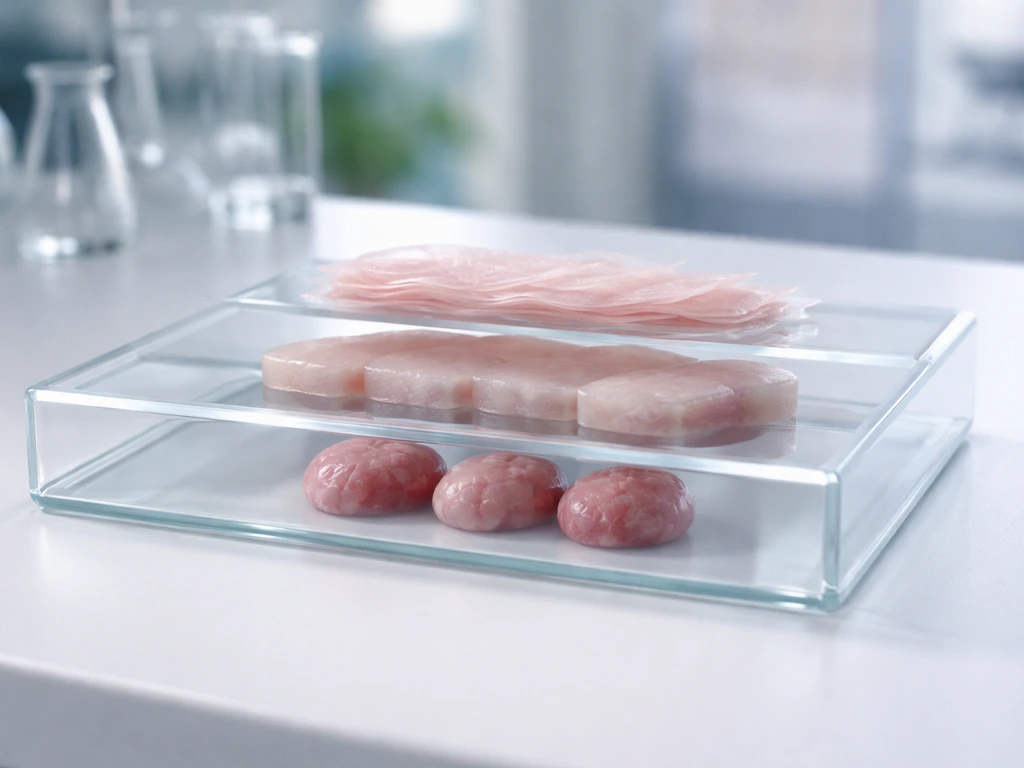 Minimal lab bench with a glass tray holding three tiers of translucent tissue-like samples suggesting readiness stages.
