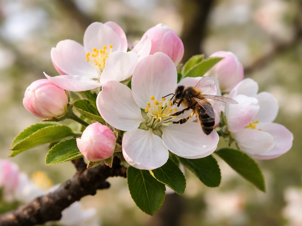 Close-up of apple blossoms on a spur as a small pollinator visits the flower