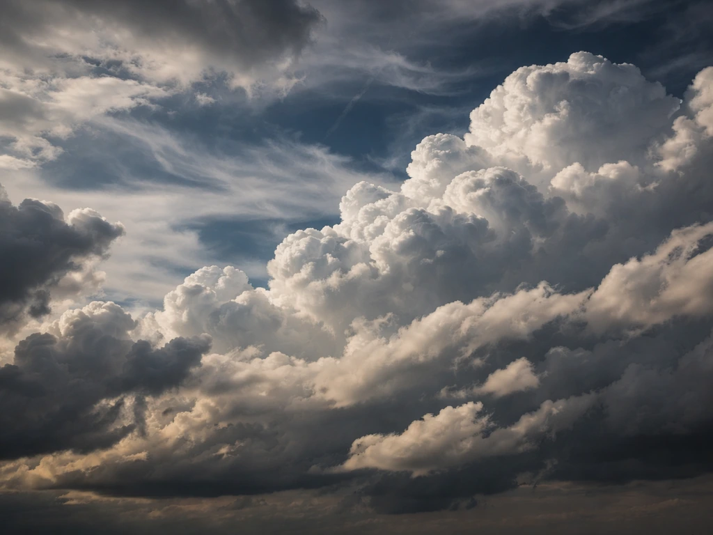Layered clouds with wind-swept edges and textured highlights in a dramatic sky.