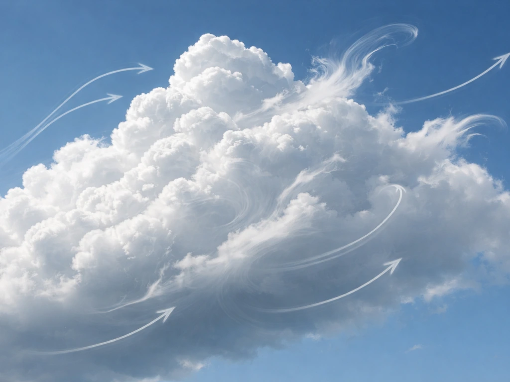 Cloud above open sky with subtle turbulent swirls and faint airflow arrow cues in the air around it.