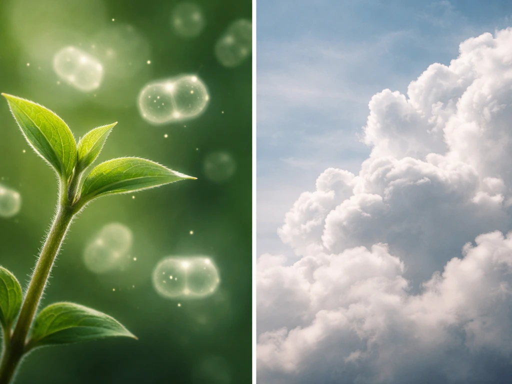 Split scene: close-up plant/animal cell-like growth on left and realistic cloud condensation forming on right.
