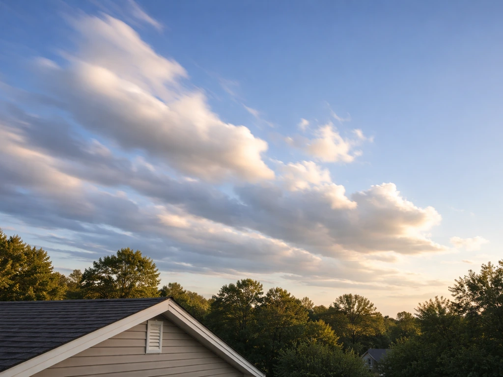 Time-lapse style view of fast-moving clouds across a blue sky over a quiet rooftop at golden hour.