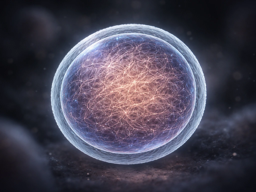 Realistic microscopic view of a cell nucleus with a double nuclear envelope and organized chromatin strands