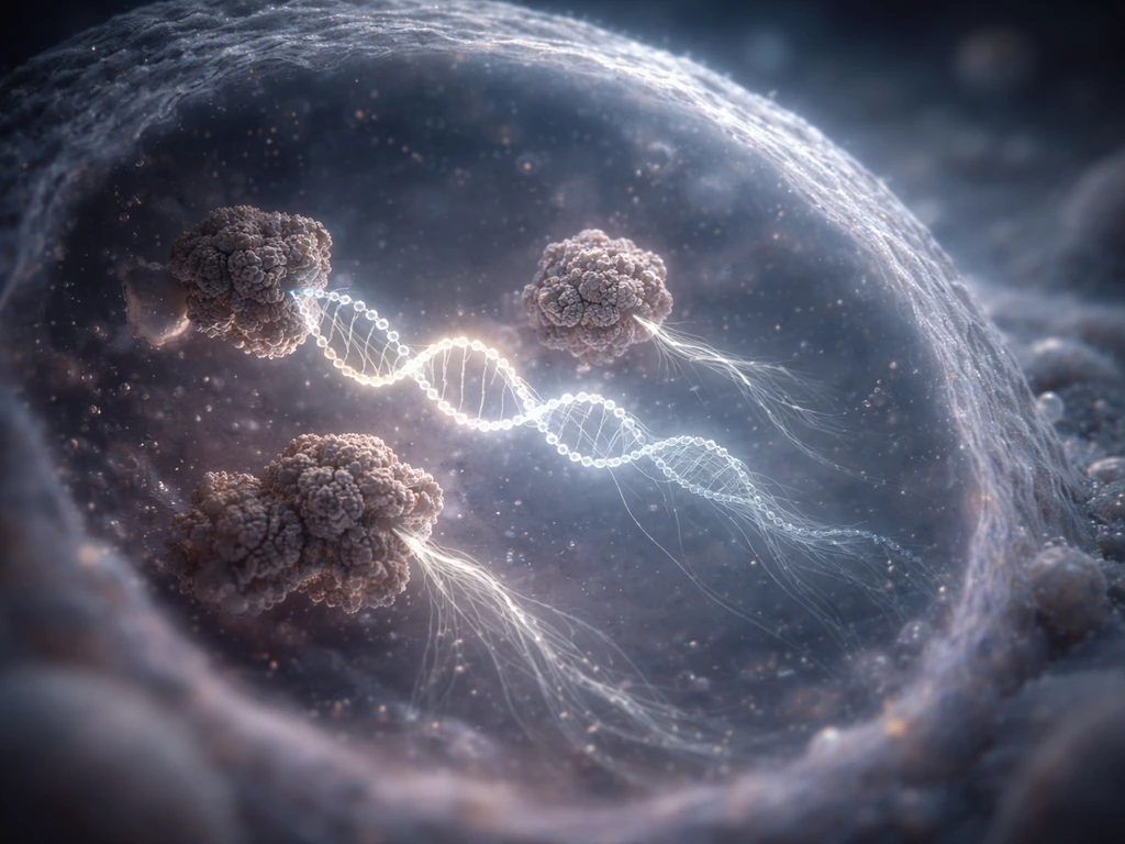 Microscopic photo-like view of nucleus DNA strands being transcribed into RNA, with mRNA moving toward cytoplasm.