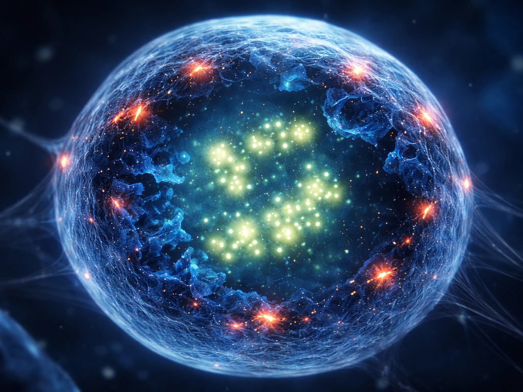 Fluorescent-like cell nucleus with DNA damage foci and p53 glow indicating growth arrest response.