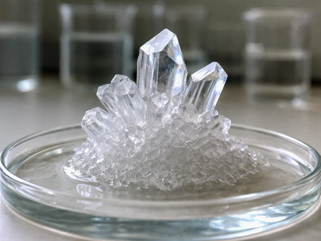 Close-up of a faceted growing crystal cluster on a glass plate under natural light.