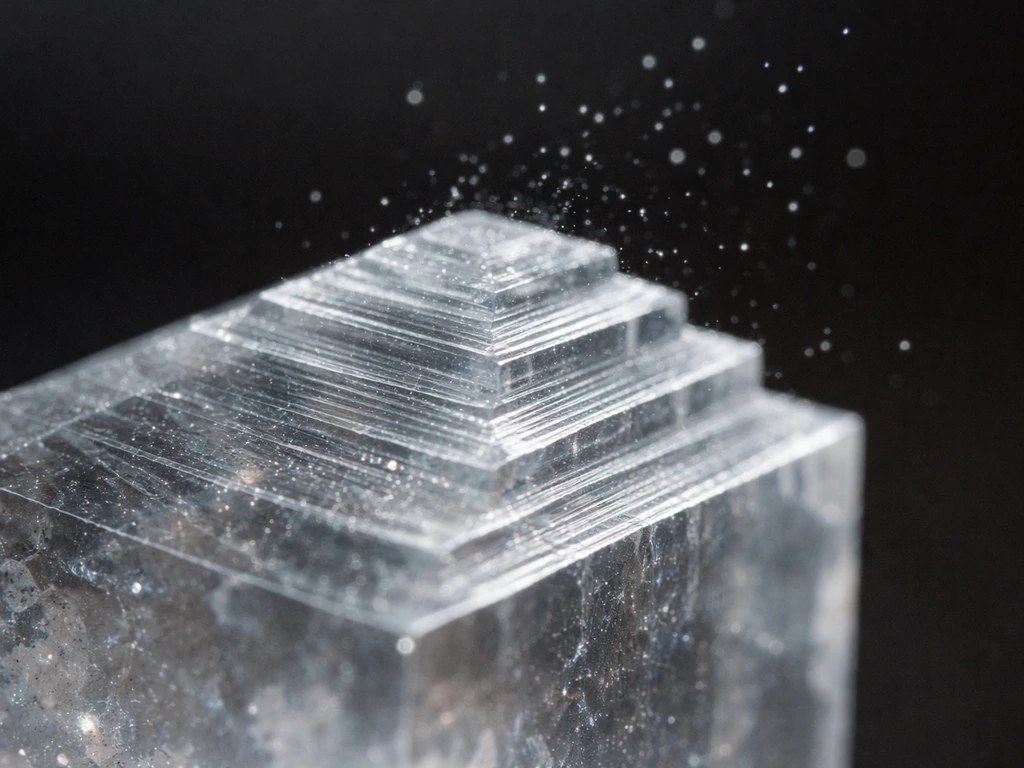 Macro view of a crystal face with stepped terraces suggesting new molecular layers forming
