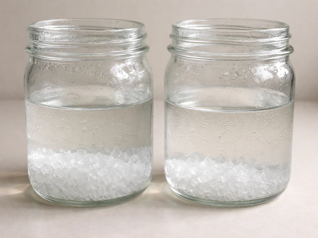 Two identical jars with different crystal buildup from more vs less concentrated saturated alum solutions.