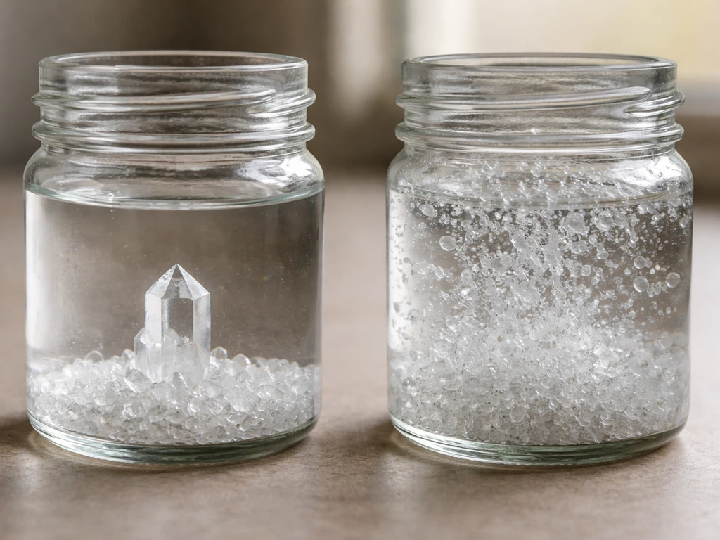 Two jars of supersaturated solution: one forms one large crystal, the other many tiny crystals.