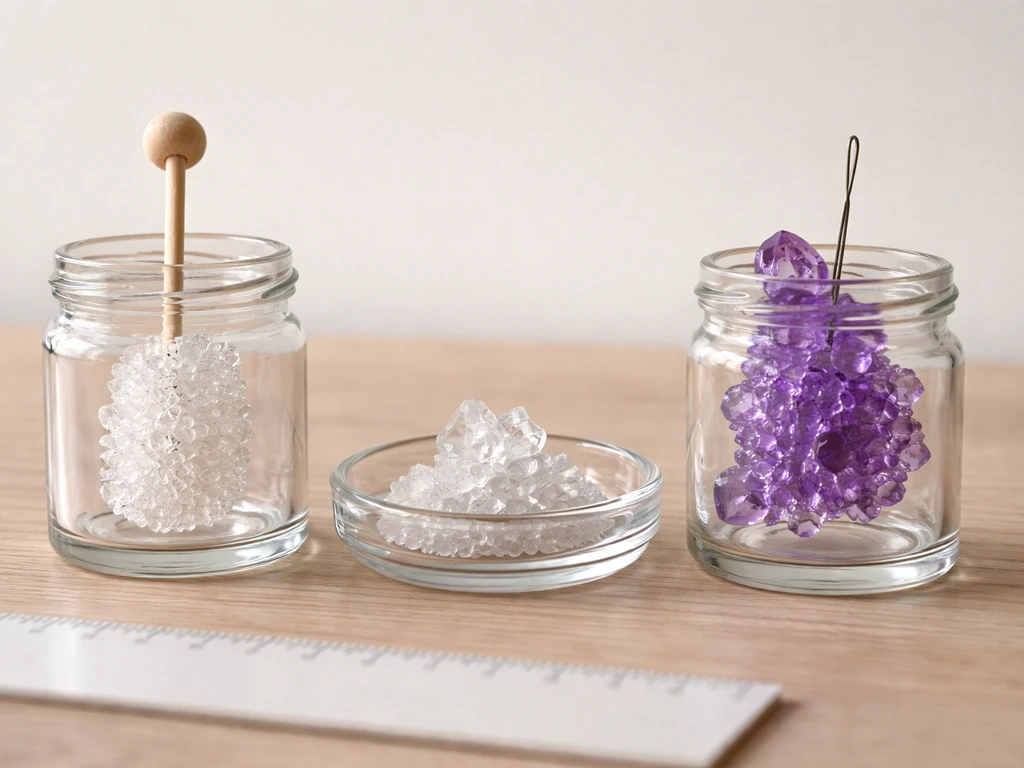 Three small glass jars with different crystal growth sizes laid out on a tabletop for visual comparison.