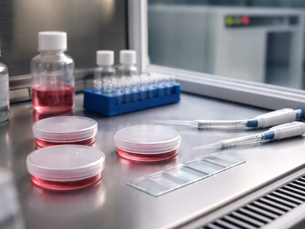 Minimal bench-top lab scene with sterile pipettes, culture dishes/coverslips, and an incubator in the background.
