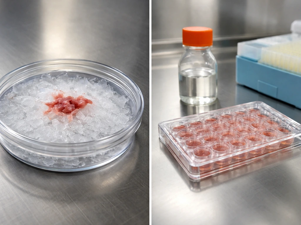 Minimal lab bench split image: isolated neuronal tissue sample on ice vs iPSC-derived differentiation plate.
