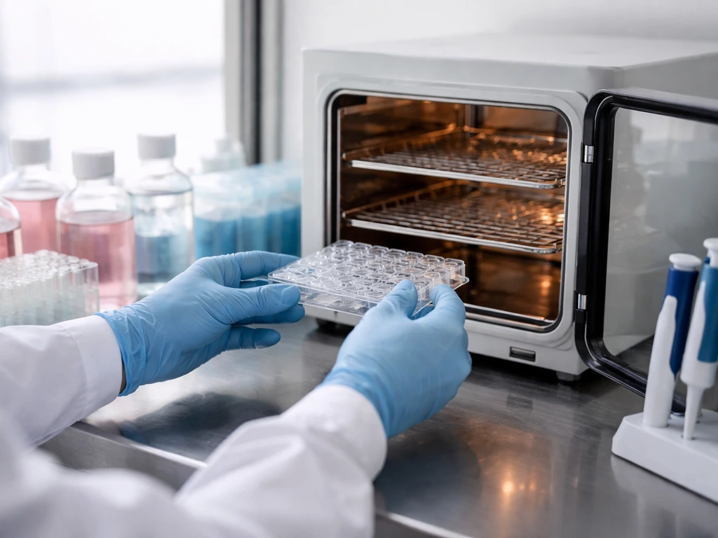 Gloved hands set multi-well plates with reagent bottles on a clean lab bench for neuron differentiation.