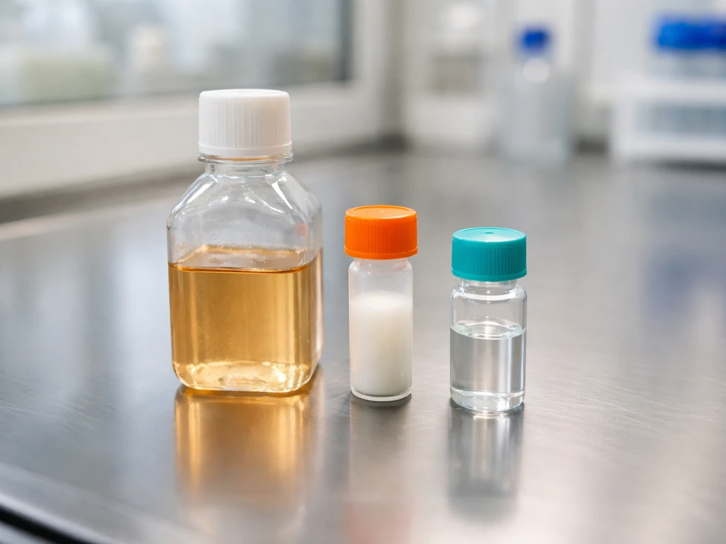 Unlabeled lab tubes and bottles on a clean bench with colored caps, representing neuron media components.