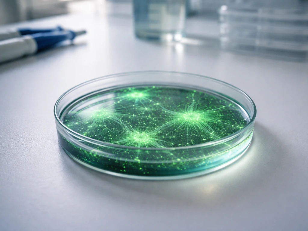 Fluorescent live/dead stained neuron culture dish with visible green neurite outgrowth patterns.
