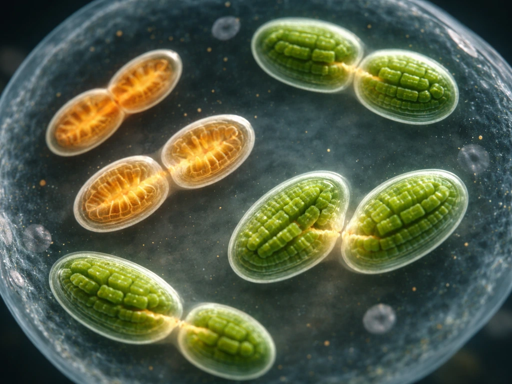 Microscope-like view of a cell with separate mitochondria and chloroplast forms dividing in minimal space.
