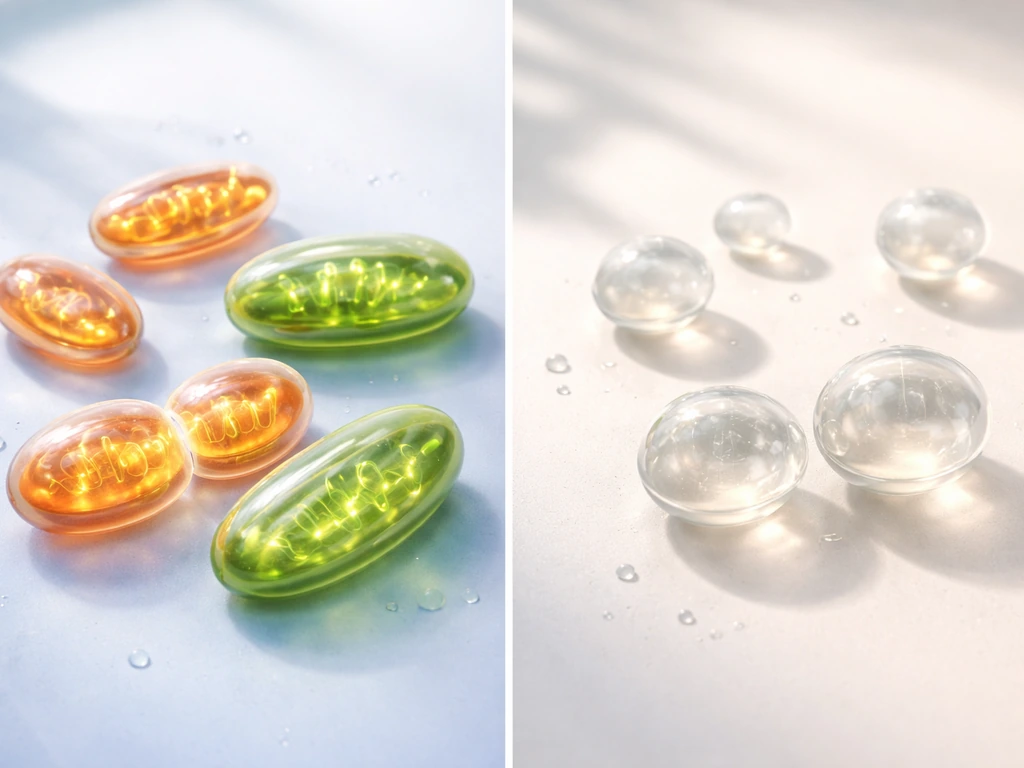 Minimal lab scene with mitochondria/chloroplasts glowing with genome and peroxisomes dividing without genome.
