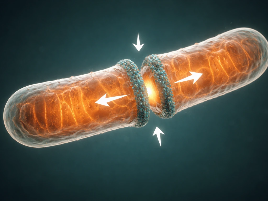 Mitochondrion constricted by DRP1-like ring, beginning to split into two daughter mitochondria.
