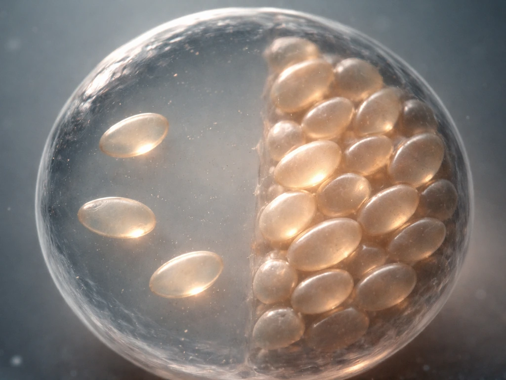 Macro photo of a cell-like sphere with few organelle-like blobs vs crowded packing showing limited space.