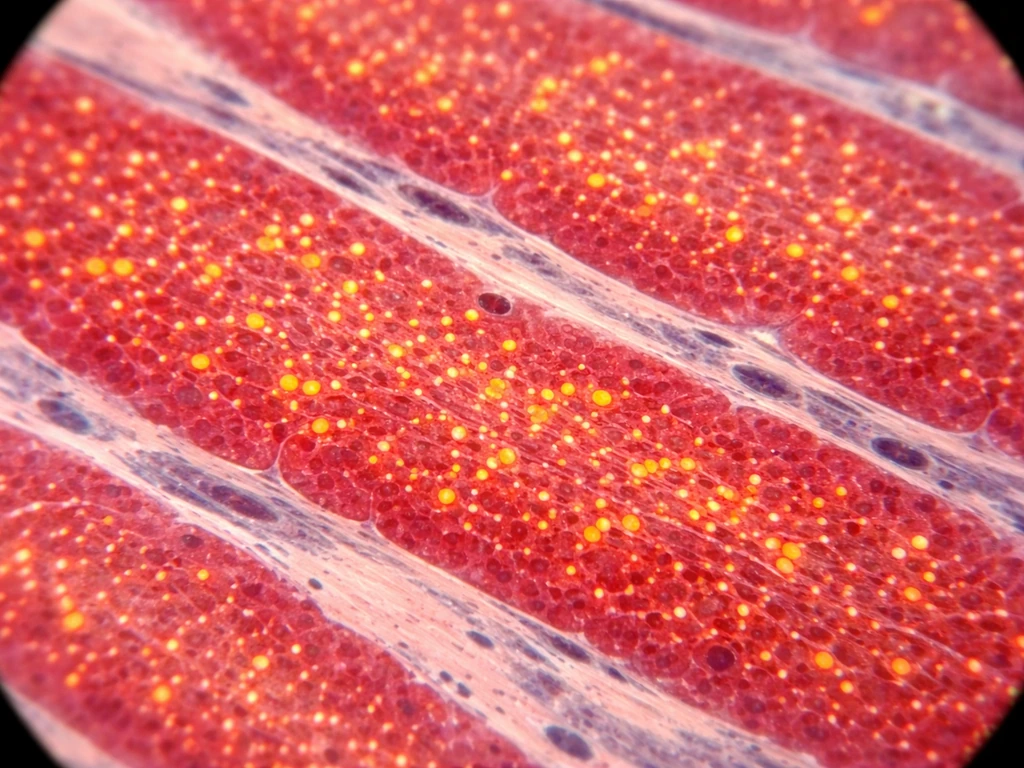 Microscope view of muscle tissue cross-section with dense mitochondria suggesting aerobic training adaptation.
