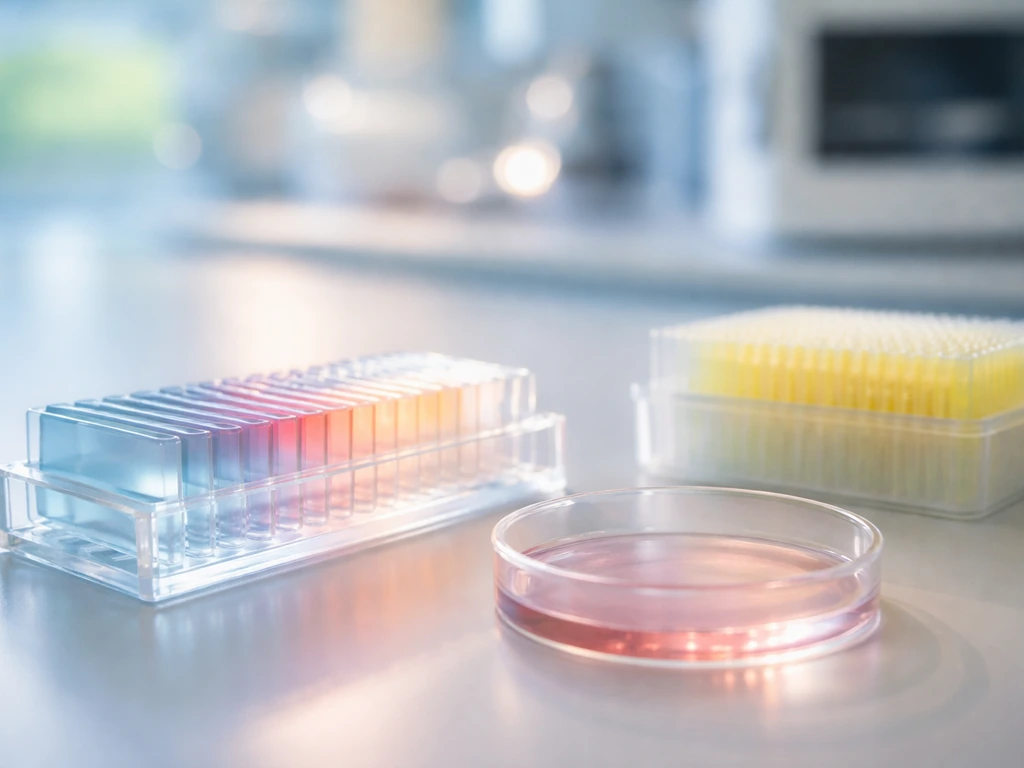 Minimal lab bench with unlabeled culture dishes, slides, and pipette tips suggesting stem-to-keratinocyte differentiatio