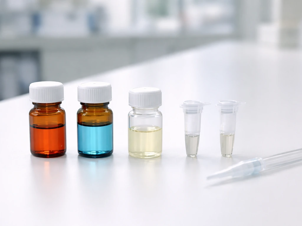 Minimal lab bench with small reagent bottles and tubes arranged neatly for differentiation protocols.