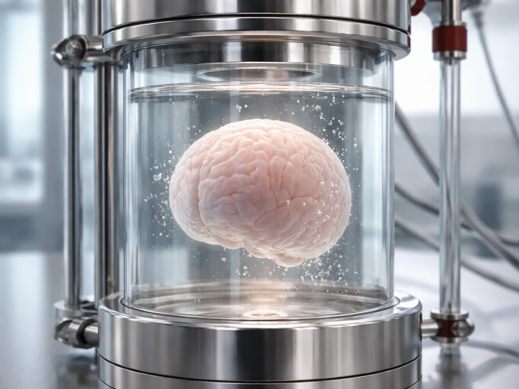 Semi-transparent brain organoid model growing inside a lab bioreactor in clear nutrient fluid.