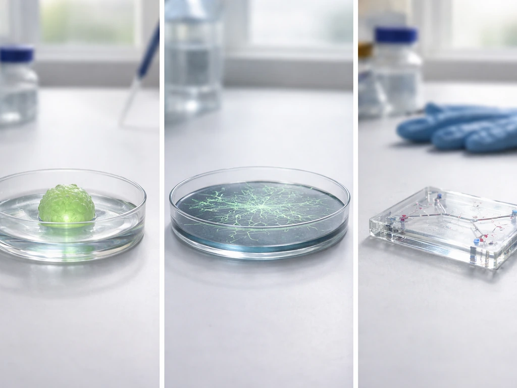 Three minimal lab setups side-by-side: 3D brain organoid, 2D neuron culture, and brain-on-chip with networked neurons.