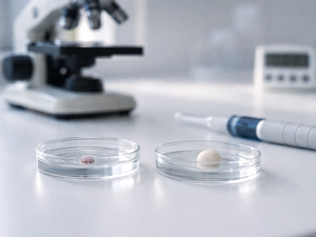 Minimal neuroscience lab bench with microscope and two neuron/organoid culture vessels in natural light.