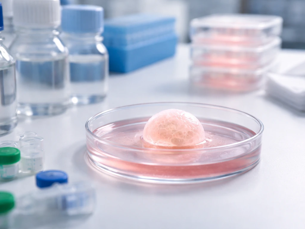 Lab bench close-up with organoid culture dish and unlabeled reagent bottles suggesting staged differentiation.