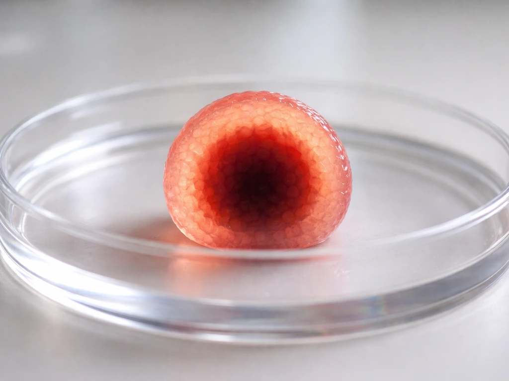 Thick organoid-like sphere in a petri dish with a dark hypoxic center and brighter outer rim.