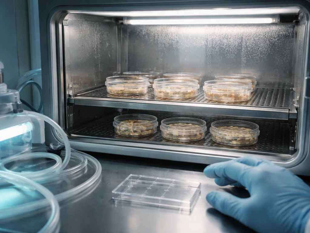 Sterile lab biocontainment workspace with organoid culture dishes and a gloved hand near a microscope slide holder.