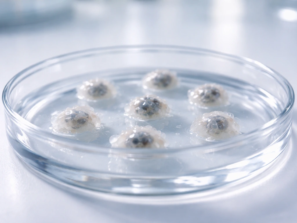 Close-up of miniature self-organizing organoid tissue growing inside a lab dish under gentle light.