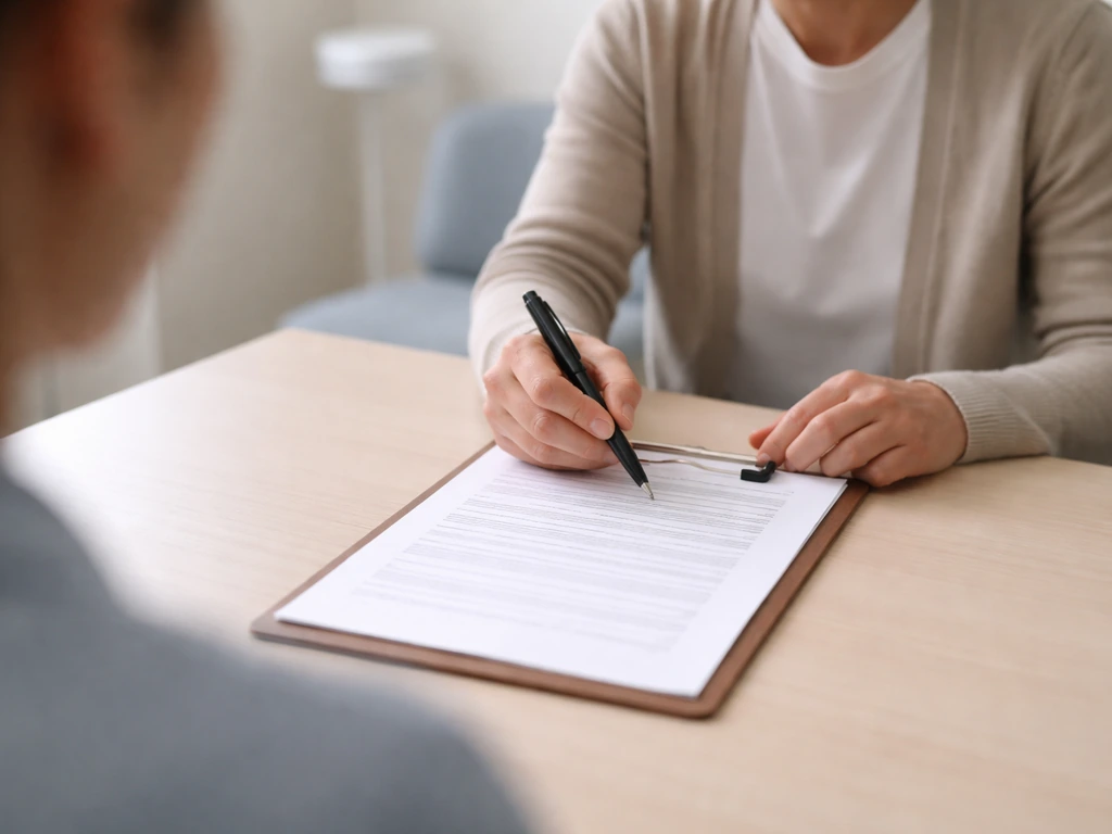 Researcher and patient in a clinical office reviewing an unreadable consent form on a clipboard.