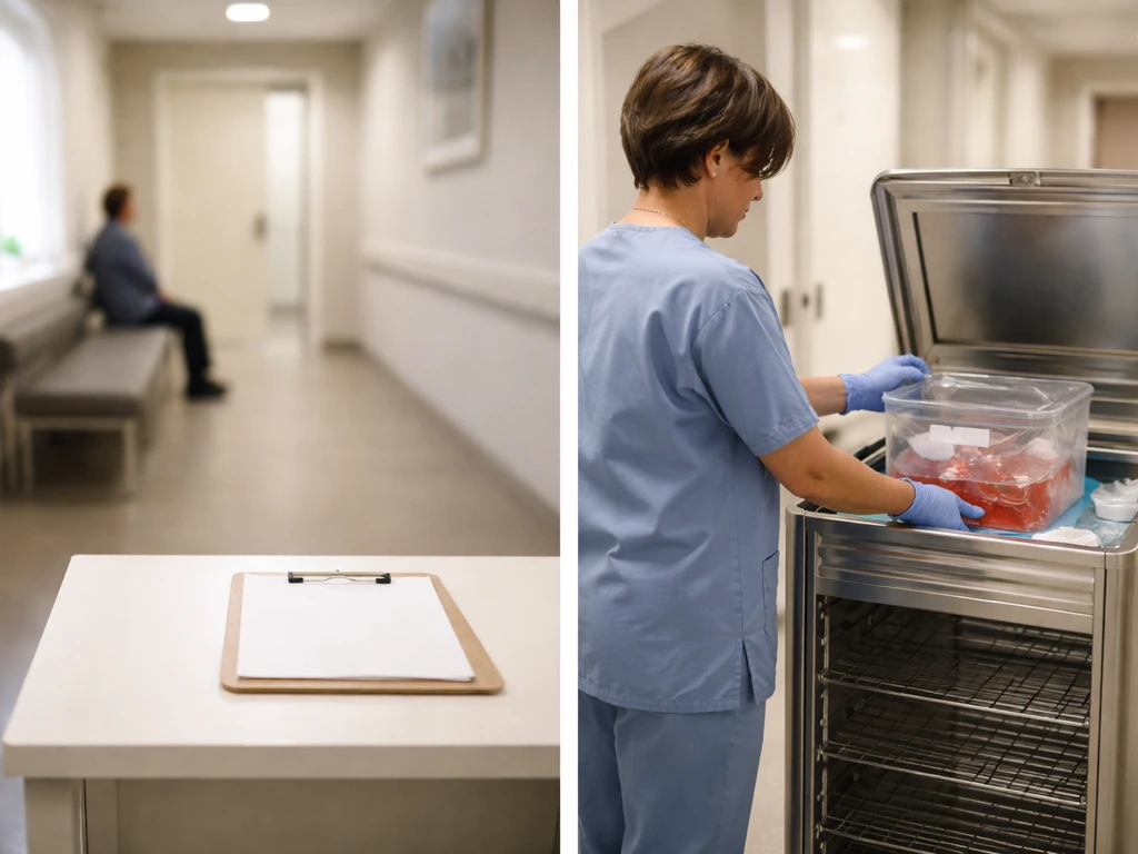 Split view of a quiet hospital waiting area on one side and equitable organ distribution on the other.