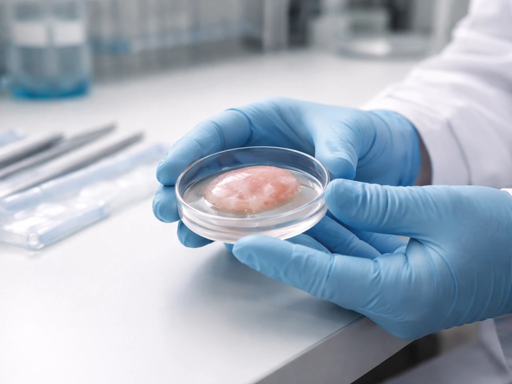 Clinician in a lab examines lab-grown skin or cartilage tissue samples in a clean research setting