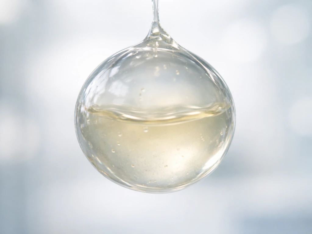 Close-up of a small translucent sac-like fluid structure in a clean, softly lit lab setting.
