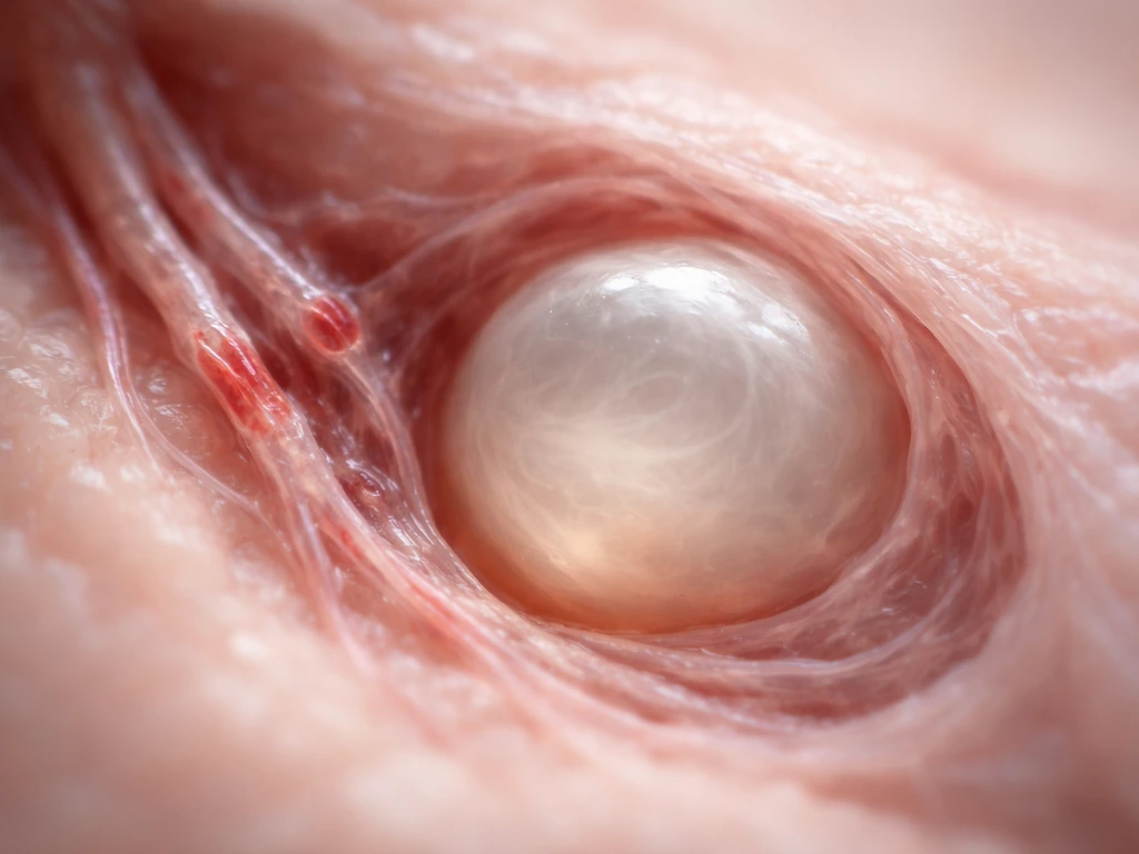 Minimal cutaway of simplified tissue with small, constricted vessels delivering reduced fluid to a cyst interior
