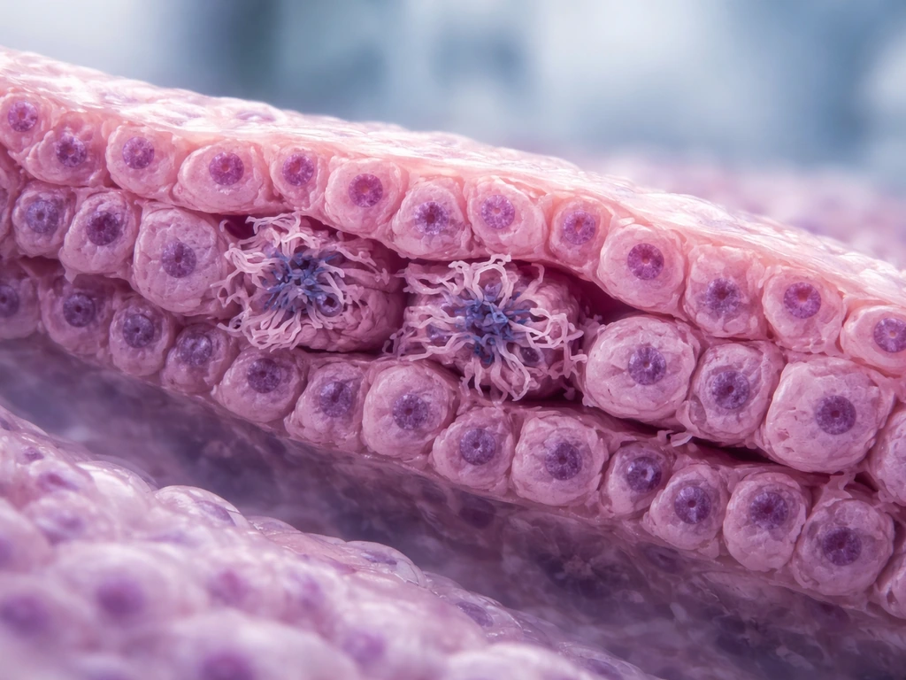 Macro photo of a specimen showing disrupted epithelial cell layers along a sac wall, suggesting failed cell division.