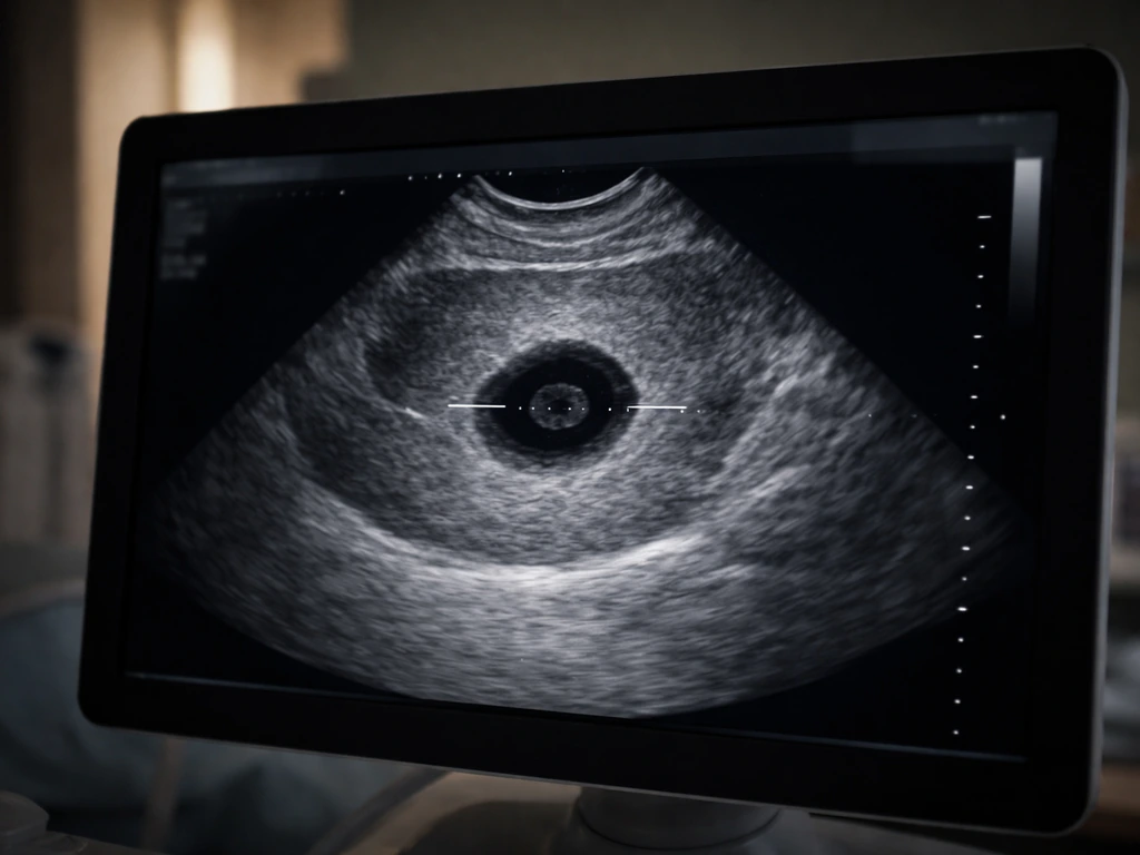 Photo of a monitor displaying an early ultrasound gestational sac with subtle measurement guides.