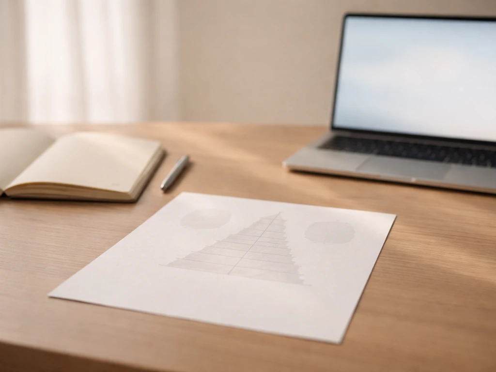 Minimal office scene with soft-focus paper life-table style pyramid and birth/death rate mood, no text
