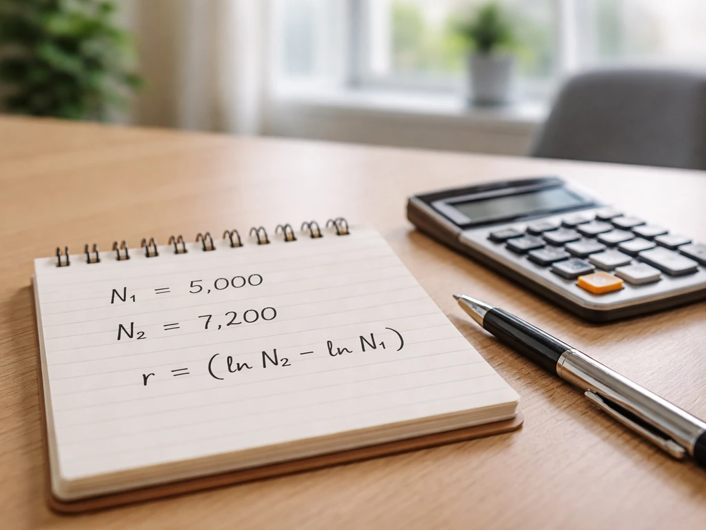 Close-up of a notebook with handwritten natural-log growth rate formula and two population counts on a desk.