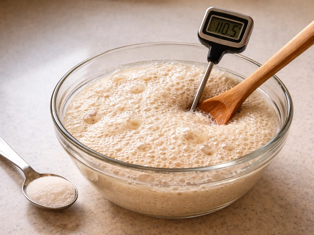 Proofing yeast mixture in a bowl with a thermometer, sugar and bubbles indicating active fermentation.