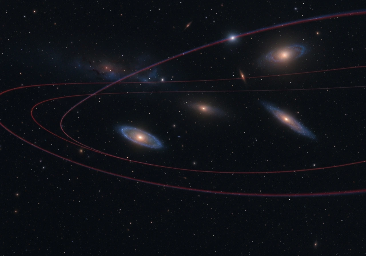 Deep space view of distant galaxies with subtle red and blue light shifts suggesting cosmic expansion.