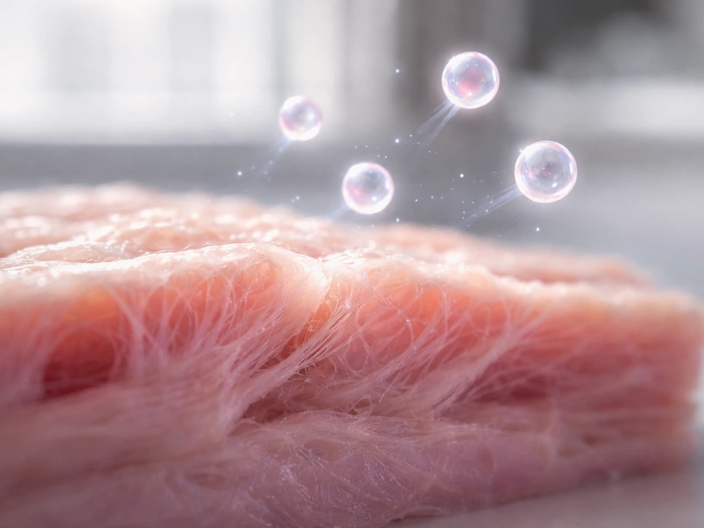 Soft tissue cross-section with a few glowing molecules drifting toward cells to suggest growth timing control.