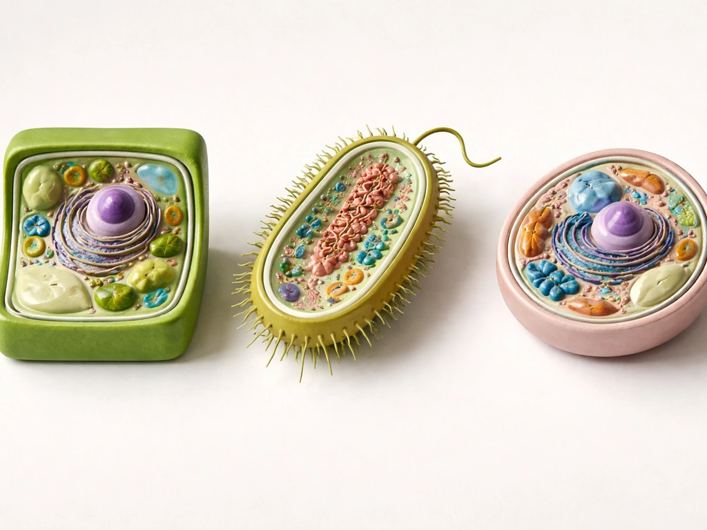 Minimal side-by-side images of plant, bacterial, and animal cells showing presence or absence of a cell wall.