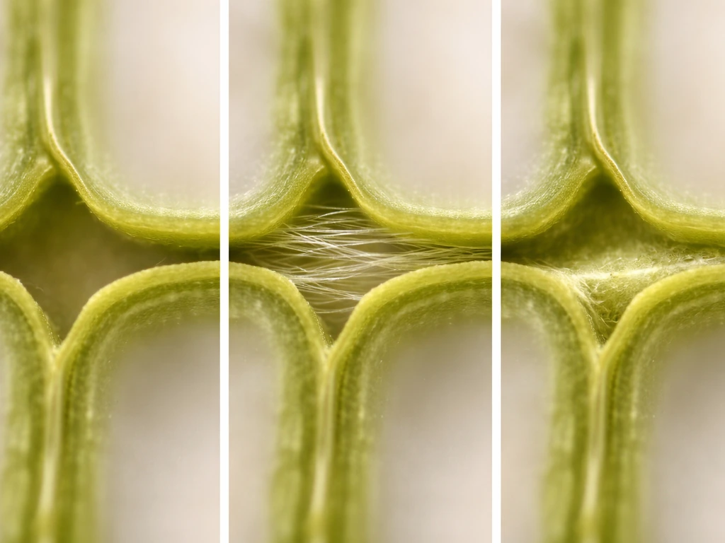 Microscope-like close-up of a plant cell wall showing a simple three-step loosen, insert, re-stiffen cycle.