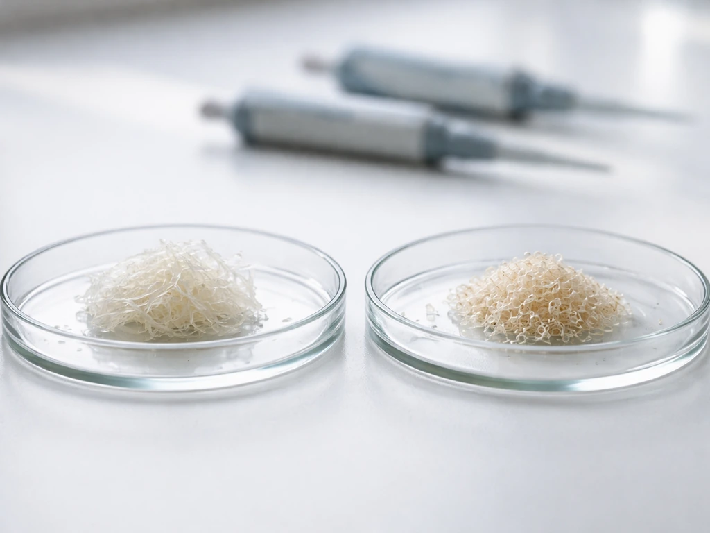 Two adjacent lab dishes showing fibrous plant-like material on one side and mesh-like bacterial-like material on the oth
