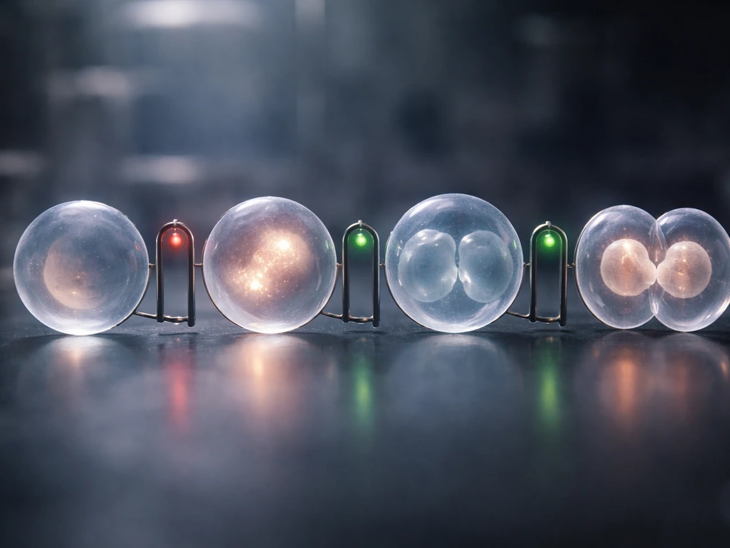 Four translucent cell spheres with three simple stop/go metal gate rings between them in a dark lab setting.